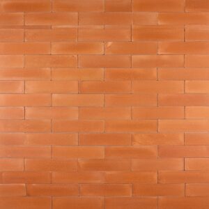 A wall of 5x20 cm terracotta plank tiles installed in a classic offset or running bond pattern, showing a rustic and warm texture.